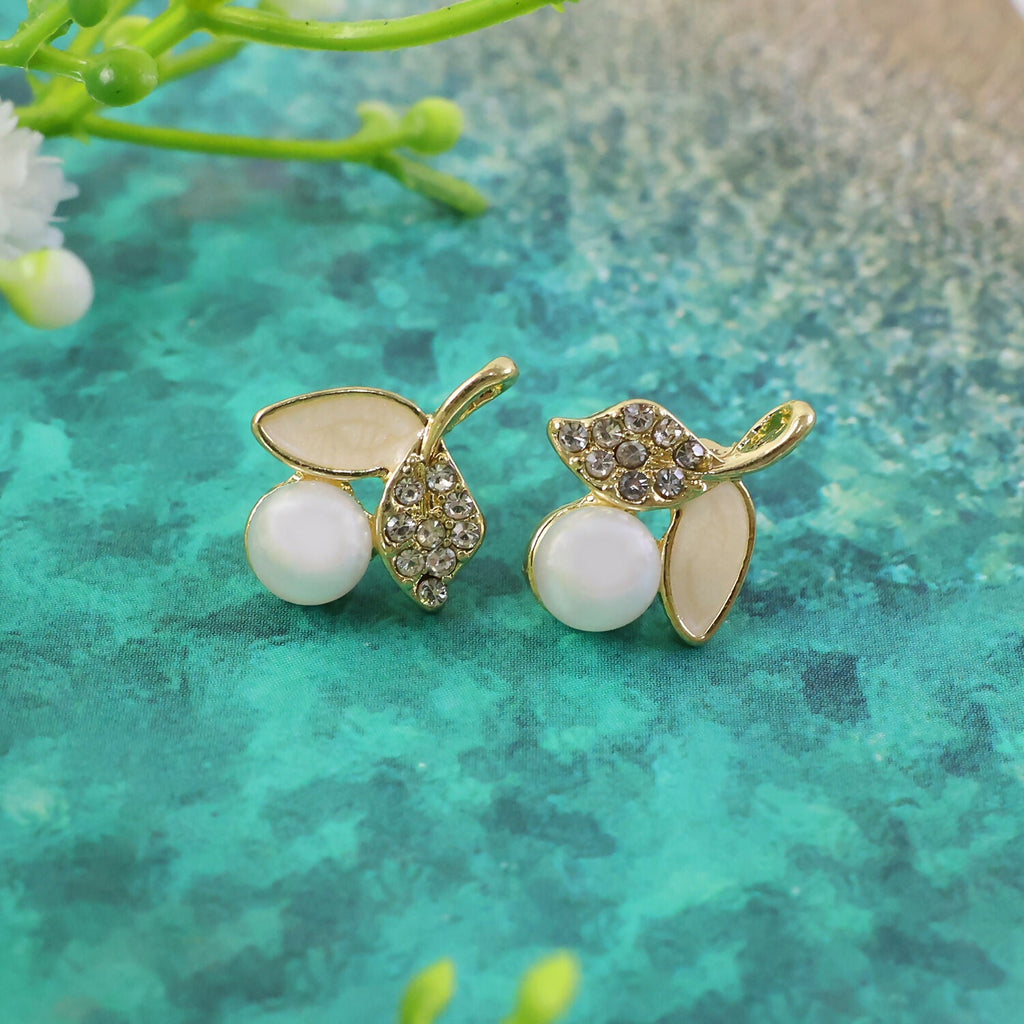 Korean Pearl Leaf Stud Earrings – Premium Gold Plated Elegance