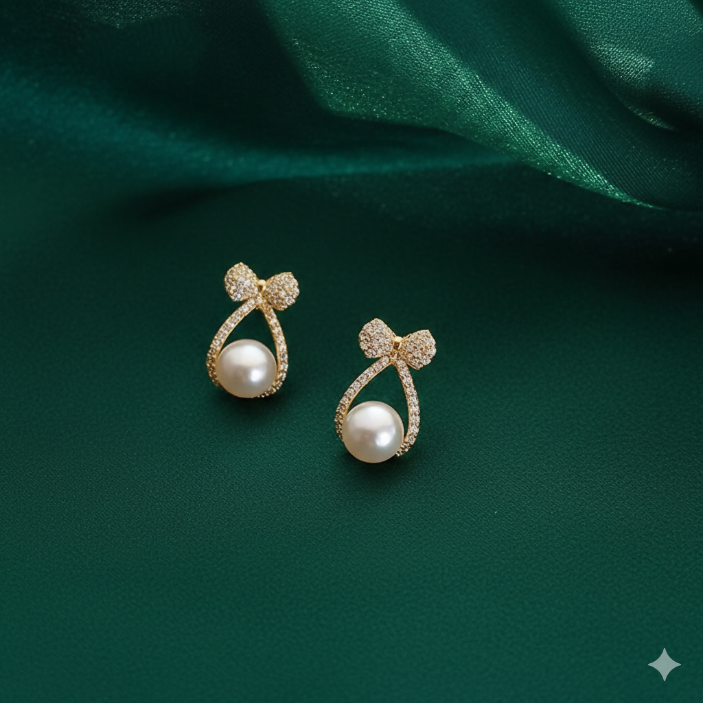 Pearl Drop Stud Earrings – Korean Crystal Bow Design for Women