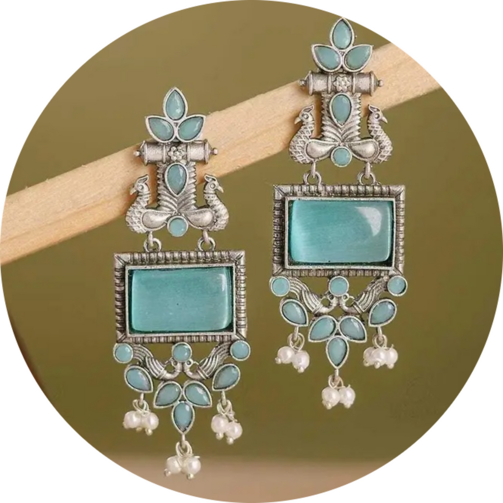Oxidized Silver Earrings – Blue Stone & Pearl Drop