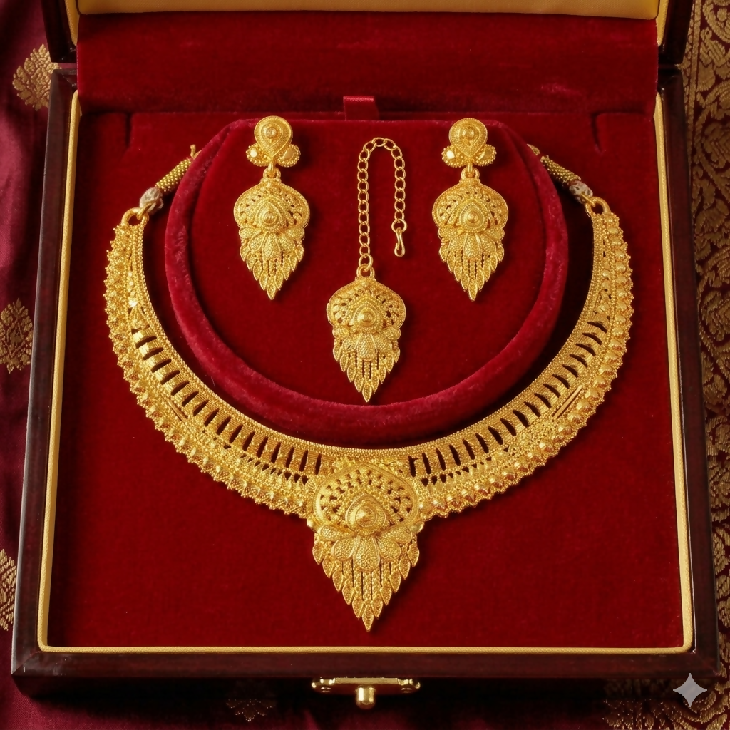Traditional Gold Plated Haram Necklace Set with Earrings and Maang Tikka for Women