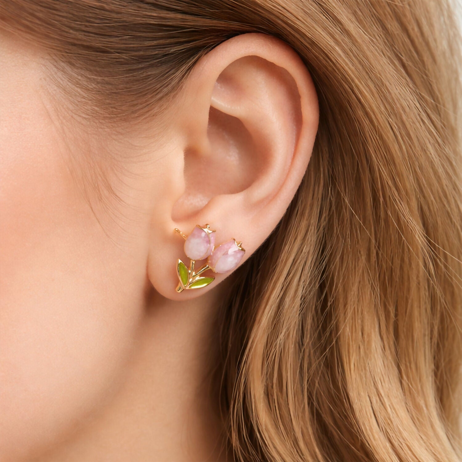 Pink Tulip Flower Stud Earrings – Elegant Korean Style Jewelry