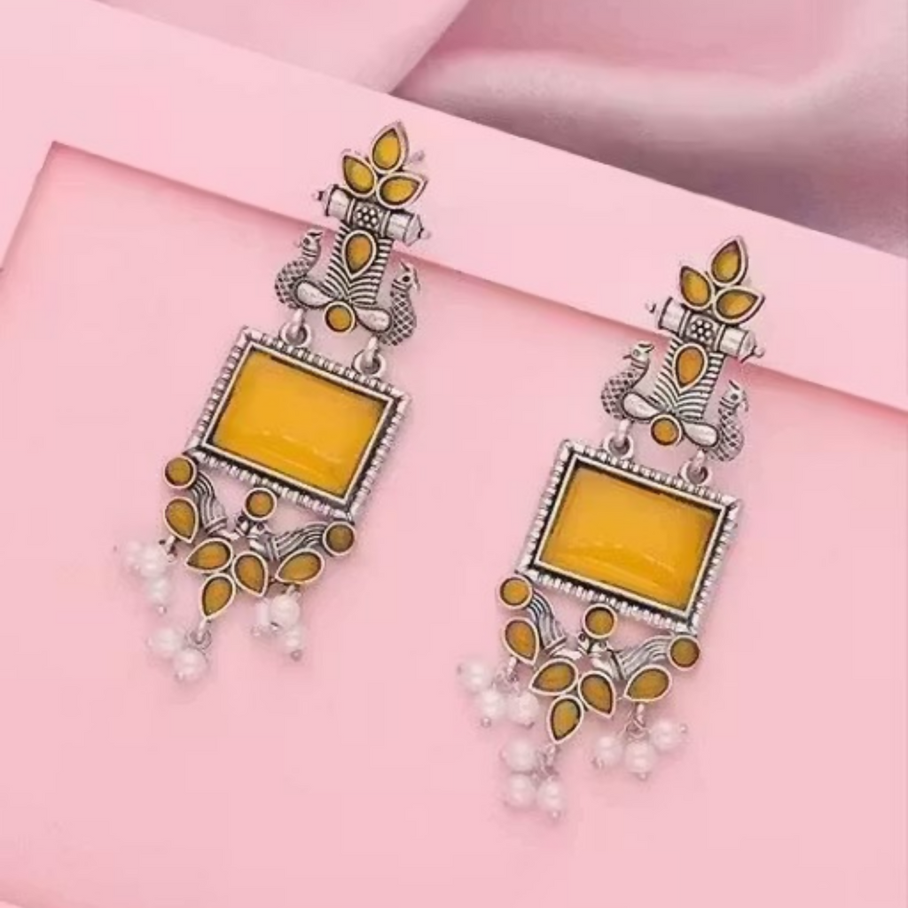 Oxidized Silver Yellow Stone Pearl Earrings – Traditional Elegance
