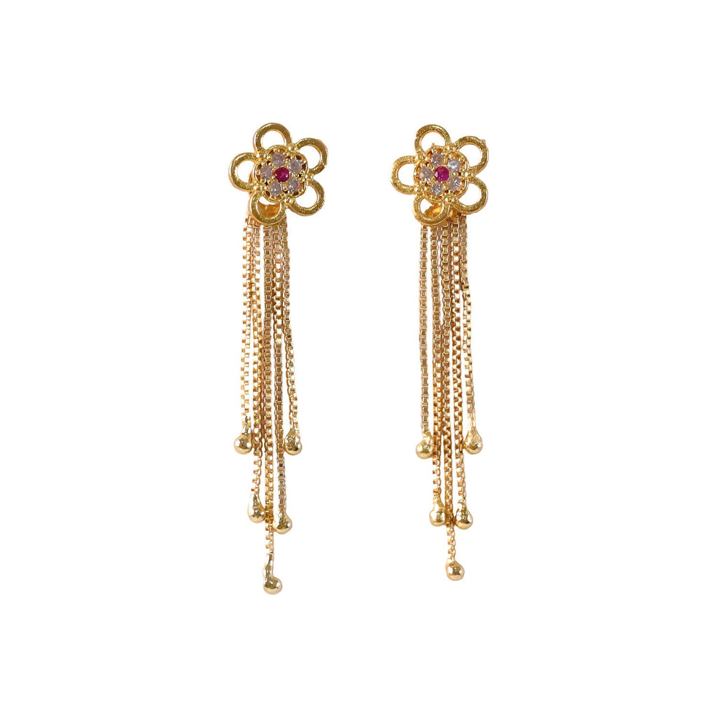 Gold Flower Dangle Earrings – Ruby Gemstone Tassel Design for Women