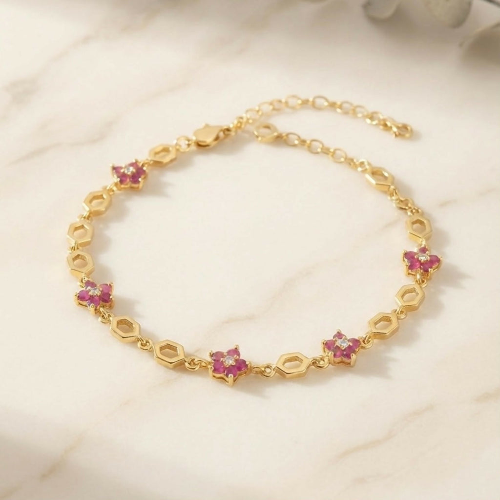 Elegant Pink Floral Stone Gold-Tone Bracelet with Geometric Links for Women & Girls