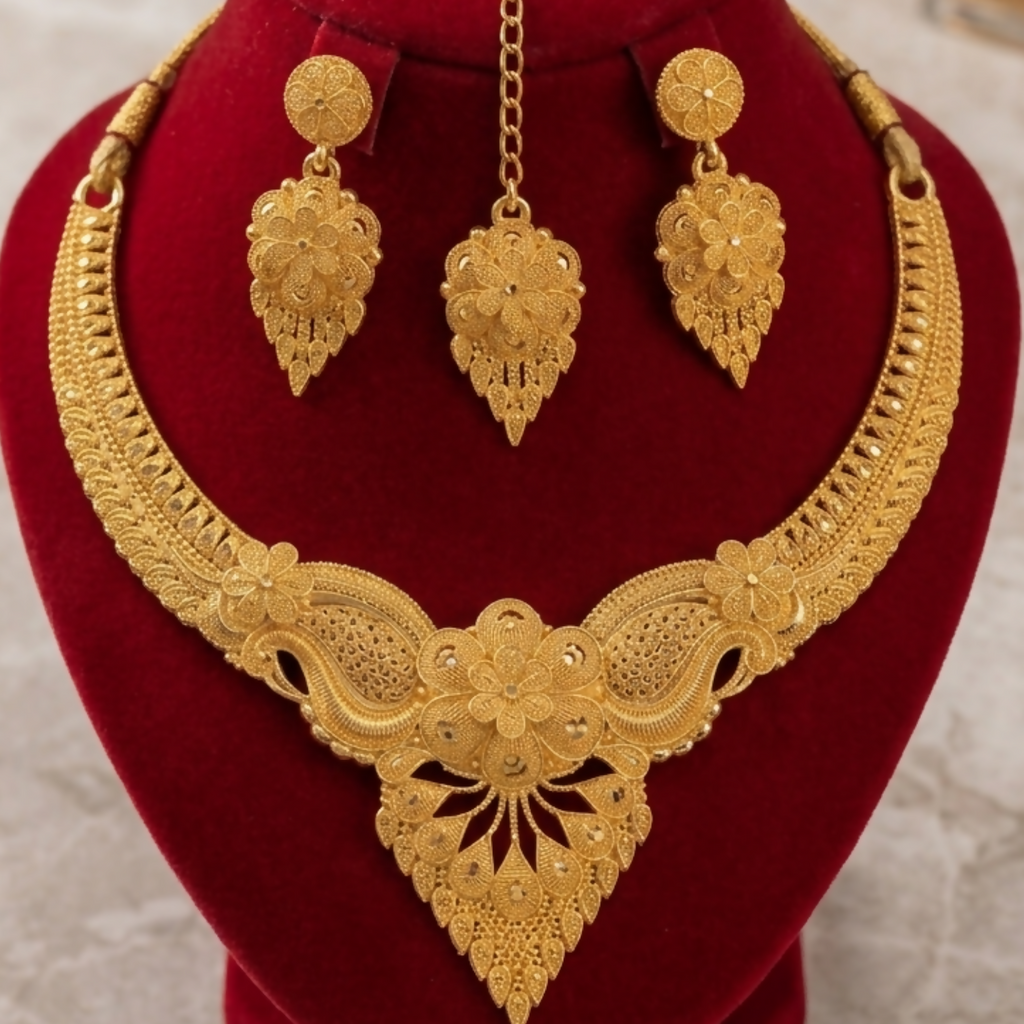 Gold Plated Bridal Necklace Set with Earrings and Maang Tikka Traditional Jewellery