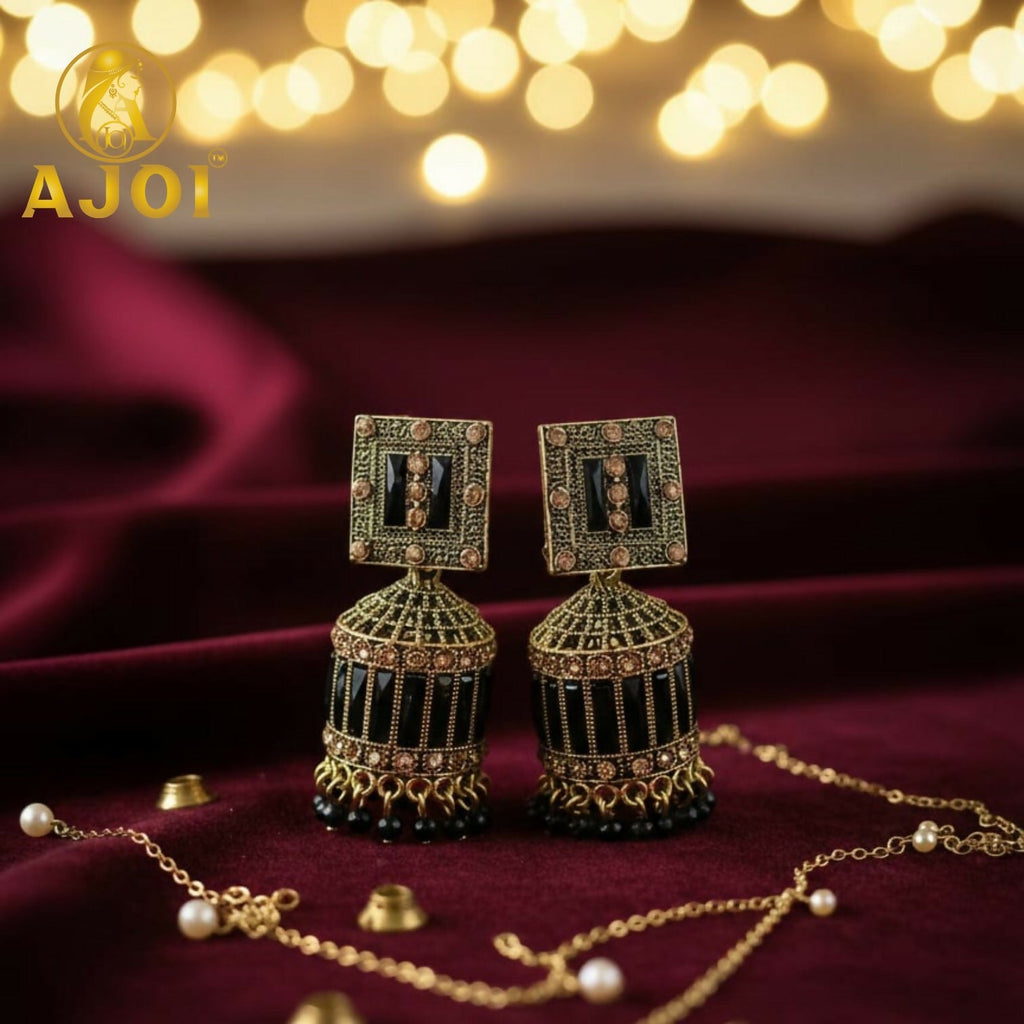 Midnight Black Designer Earrings – Elegant Drop with Statement Detailing