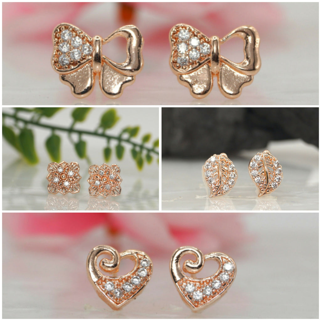 Rose Gold CZ Stud Earrings Combo – Elegant 4-Pair Set for Women