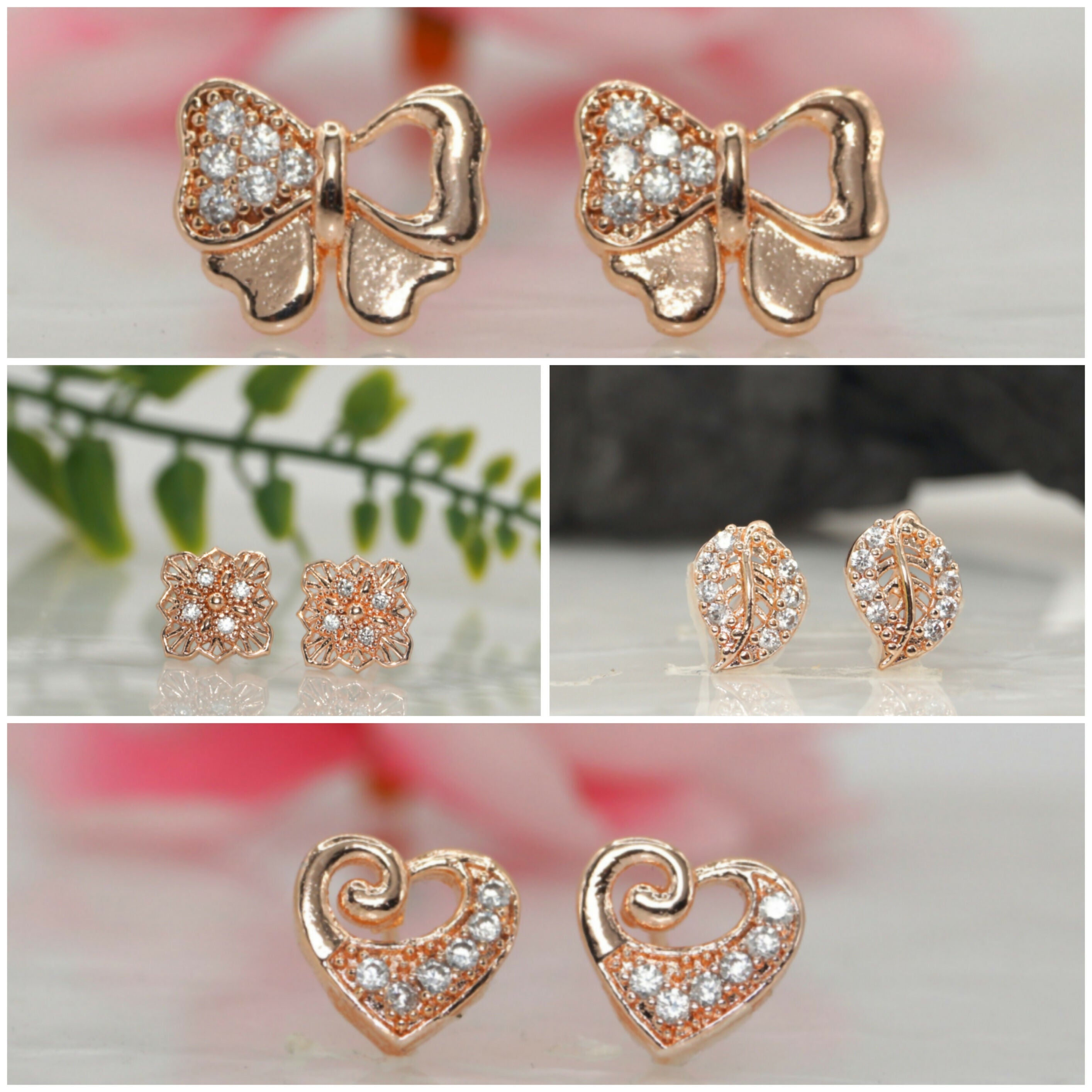Rose Gold CZ Stud Earrings Combo – Elegant 4-Pair Set for Women