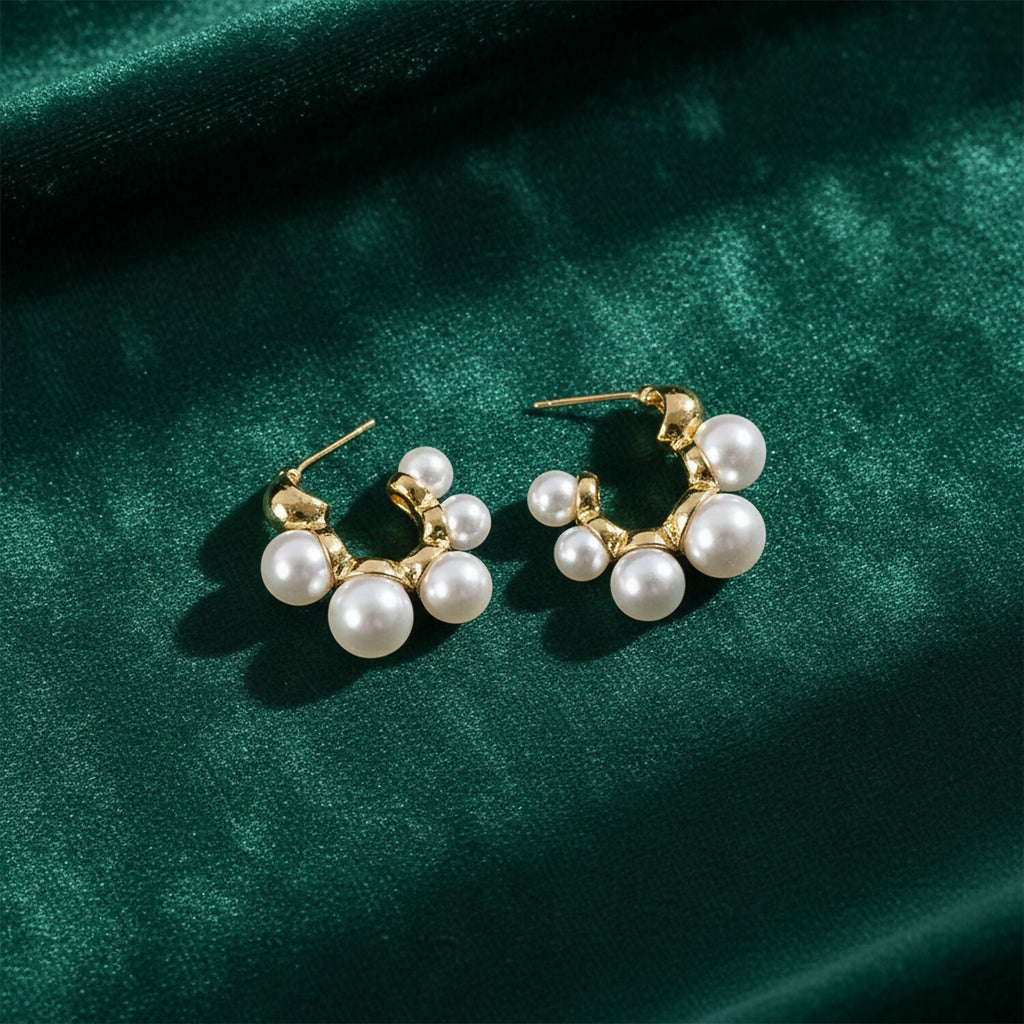 Pearl Cluster Hoop Earrings – Korean Style Gold Plated Jewellery