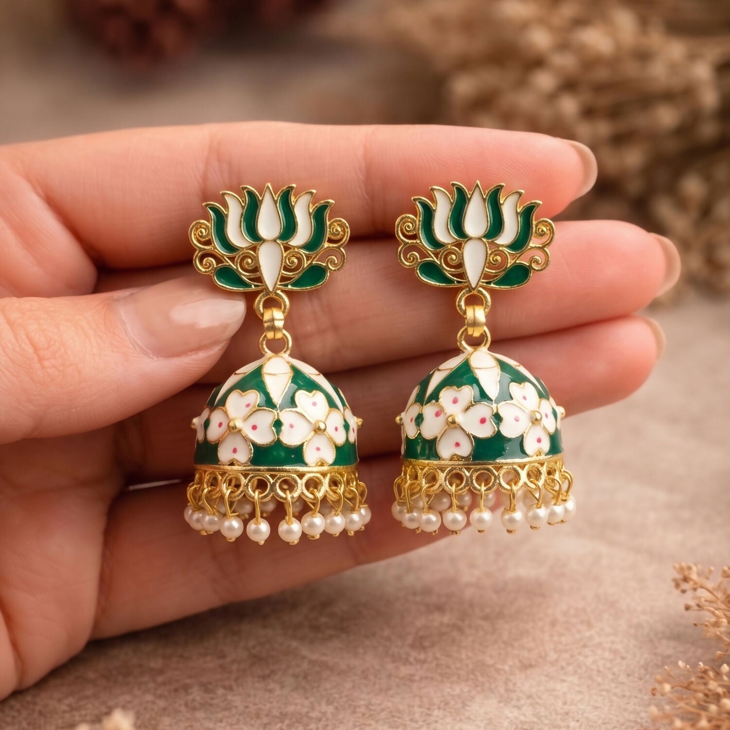 Green Lotus Jhumka Earrings – Elegant Pearl Detail for Women