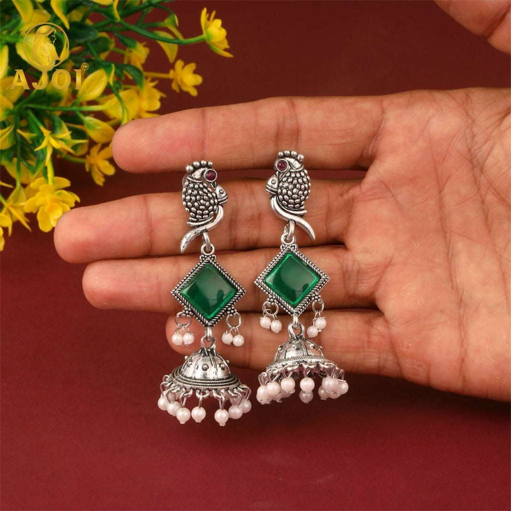 Green Stone Jhumka Earrings – Oxidised Silver Parrot Design
