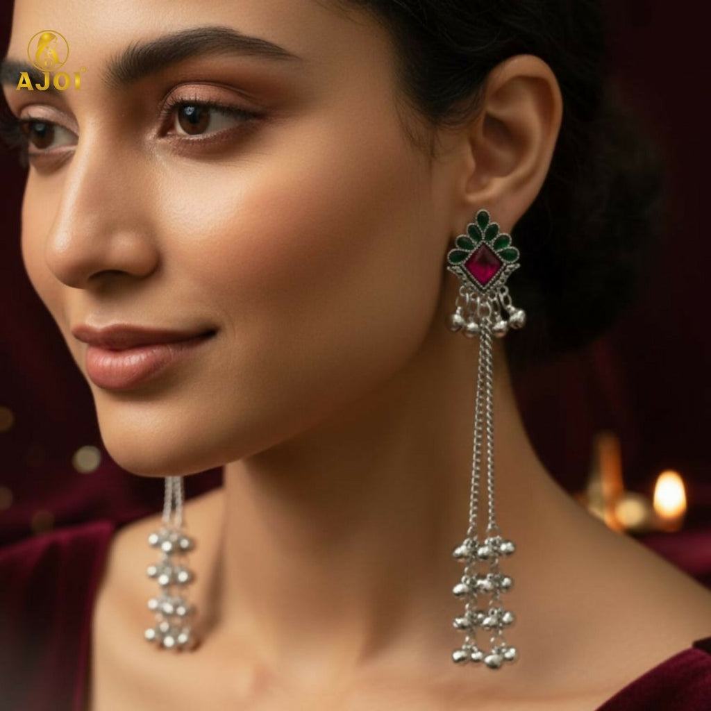 Kashmiri Style Silver Plated Long Chain Drop Earrings – Elegant Ethnic Jewellery