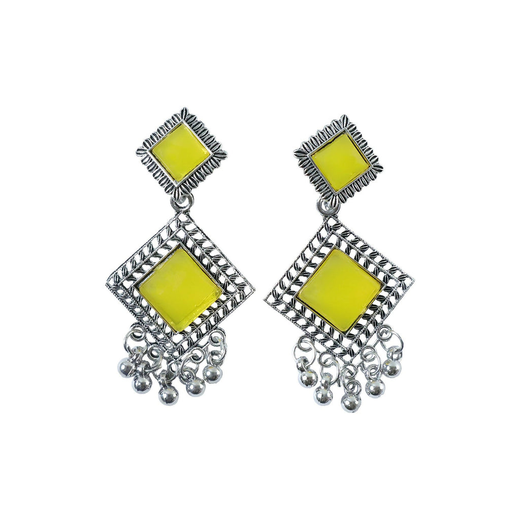 Oxidised Dangler Earrings – Traditional Indian Yellow Monalisa Stones