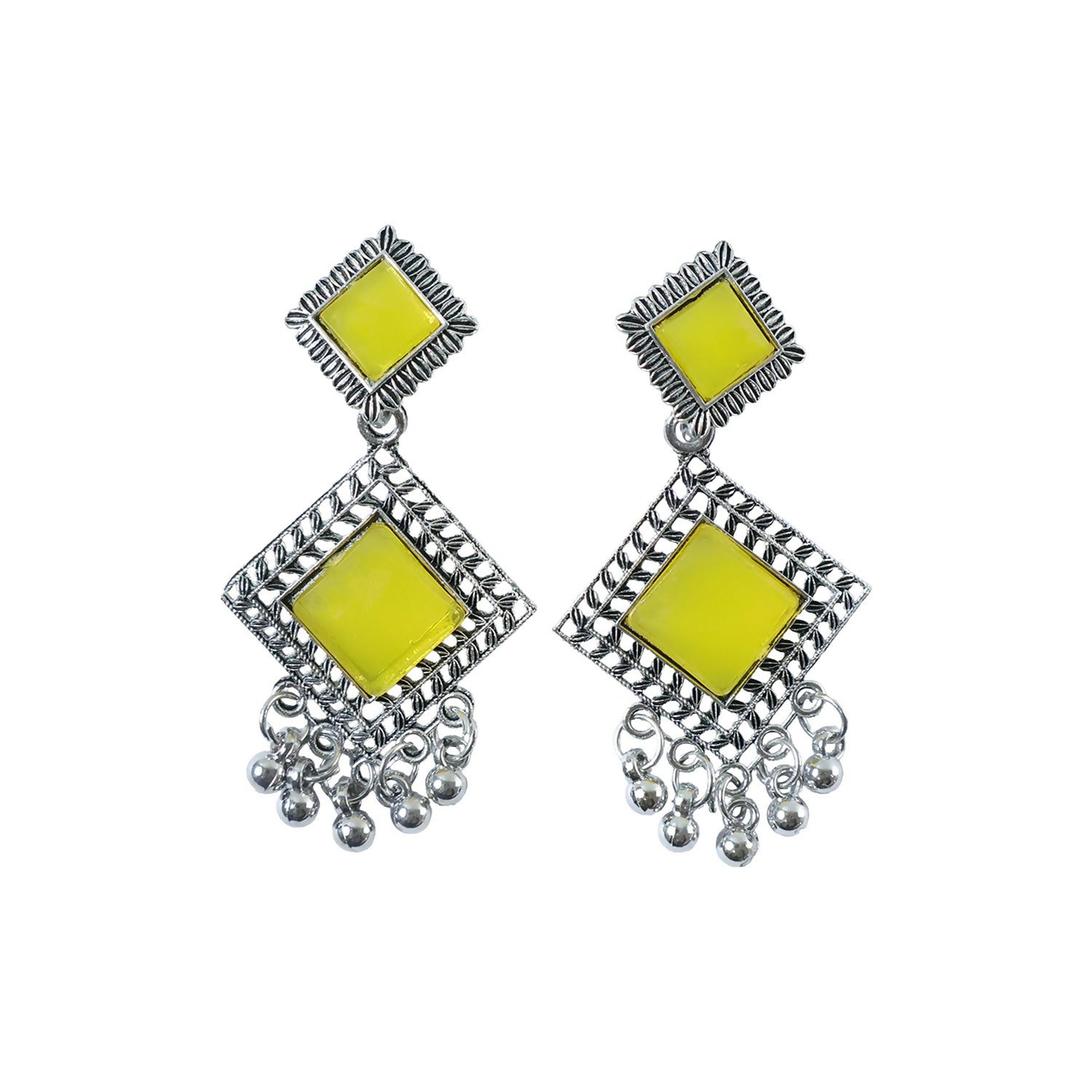 Oxidised Dangler Earrings – Traditional Indian Yellow Monalisa Stones