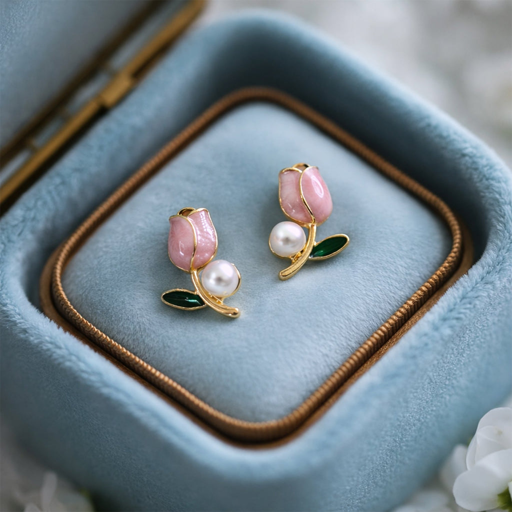 Pink Tulip Pearl Earrings – Elegant Gold Plated Studs