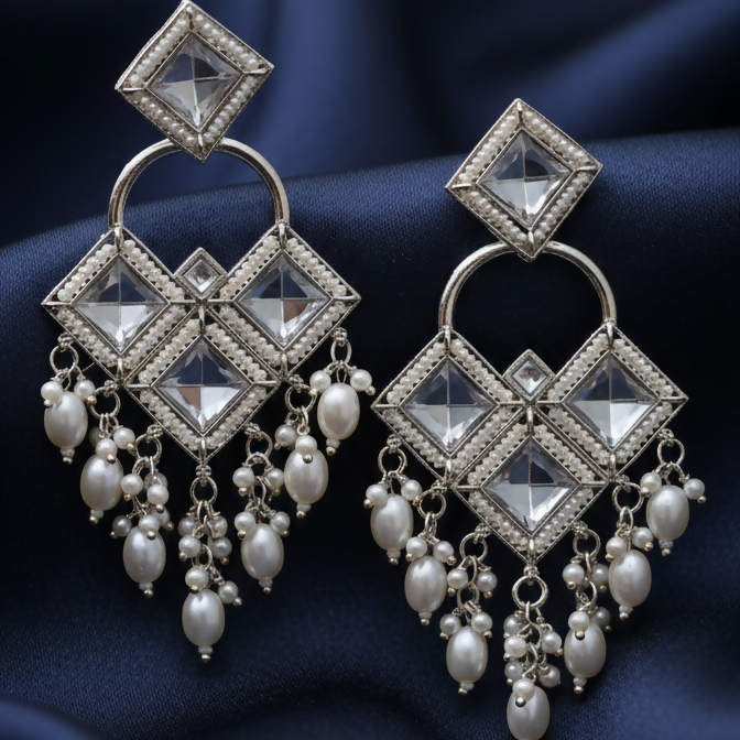 Antique Silver-Toned Kundan Chandbali Jhumka Earrings – Elegant Floral Design