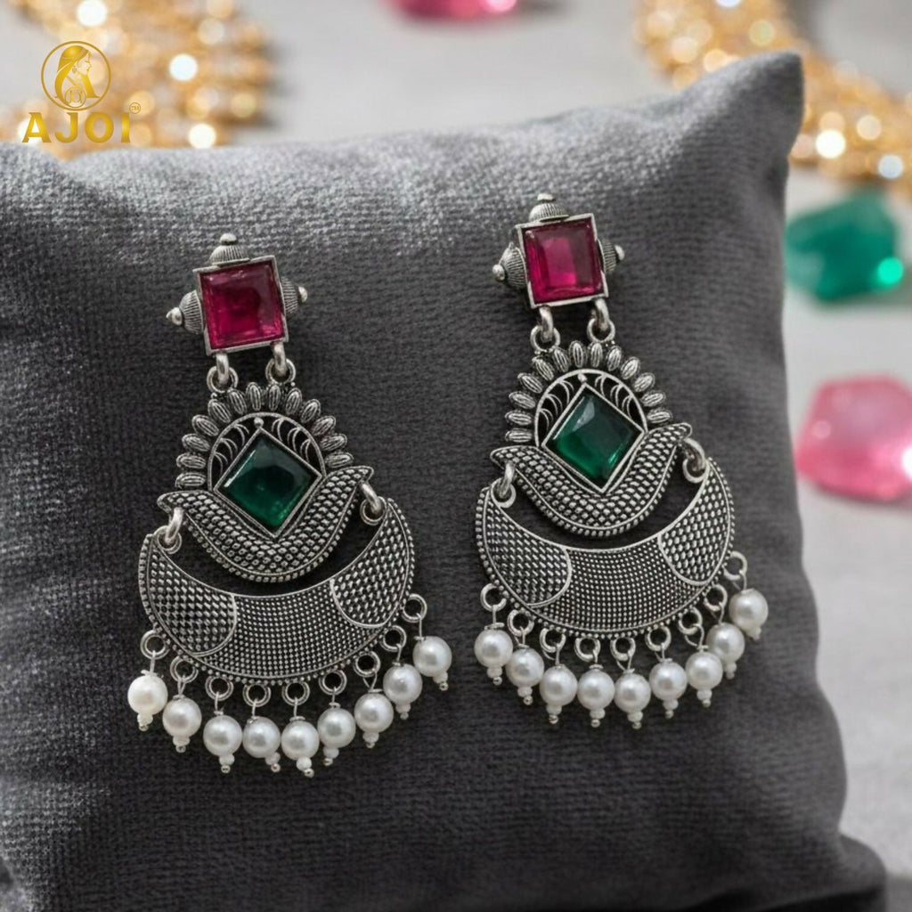 Chandbali Earrings – Antique Silver Finish with Ruby & Green Stones