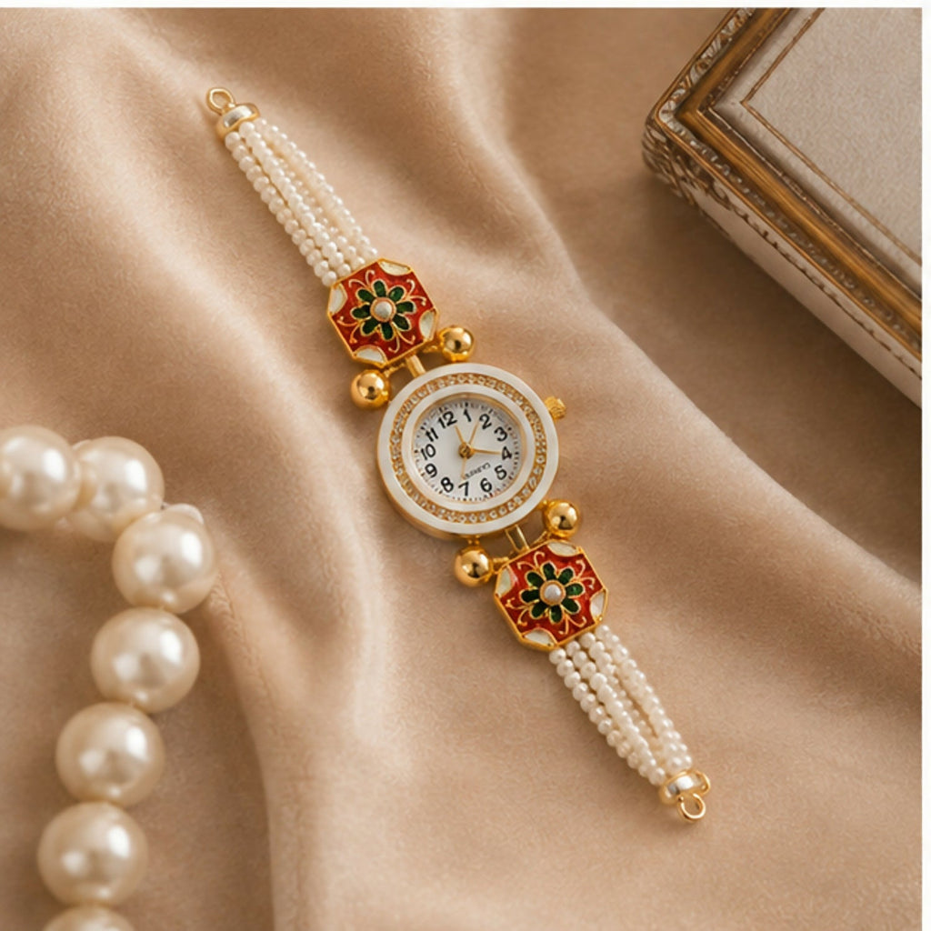 Traditional Gold Tone Bracelet Watch for Women with Beaded Strap Stylish Jewellery