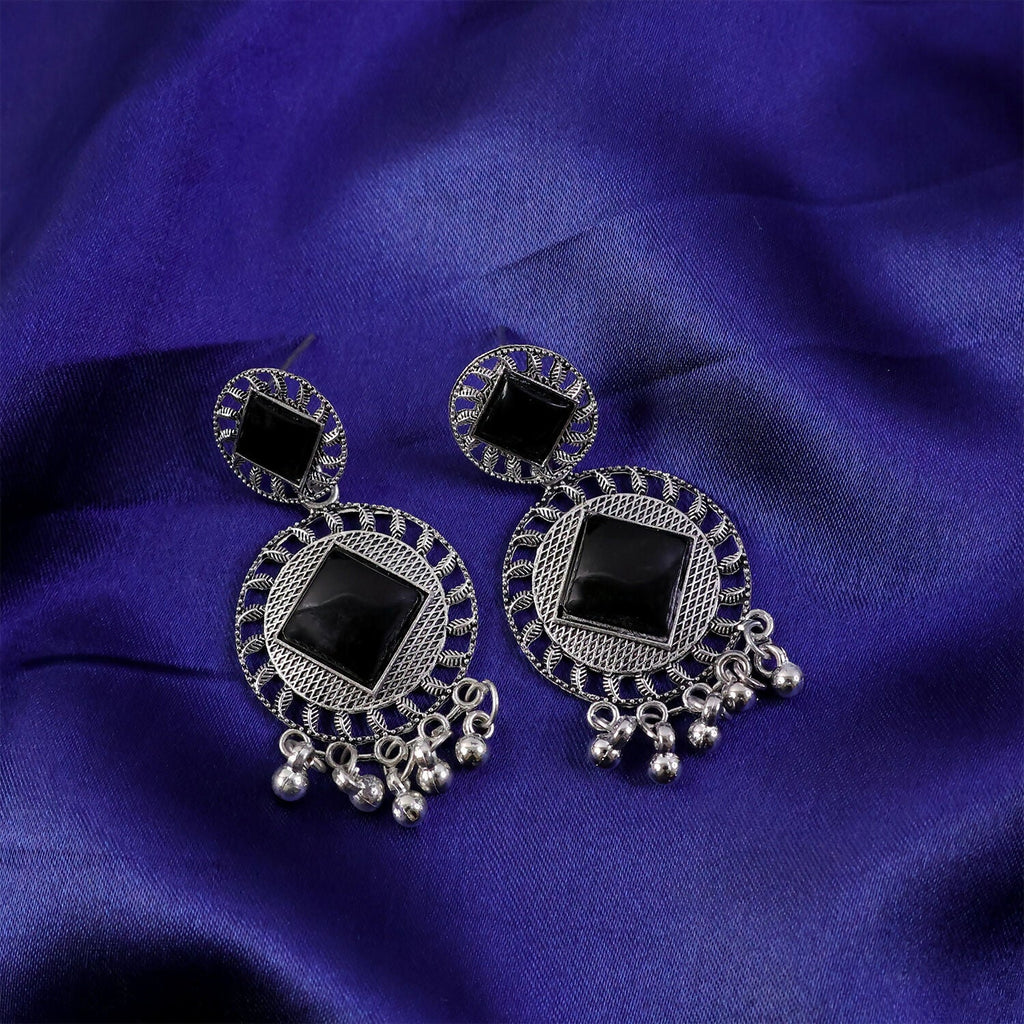 Oxidized Silver Earrings – Vintage Charm Black Stone Design