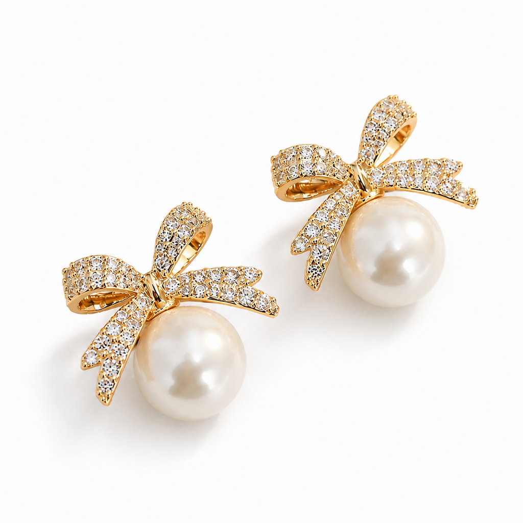 Pearl Bow Stud Earrings – Gold Plated & Elegant for Women