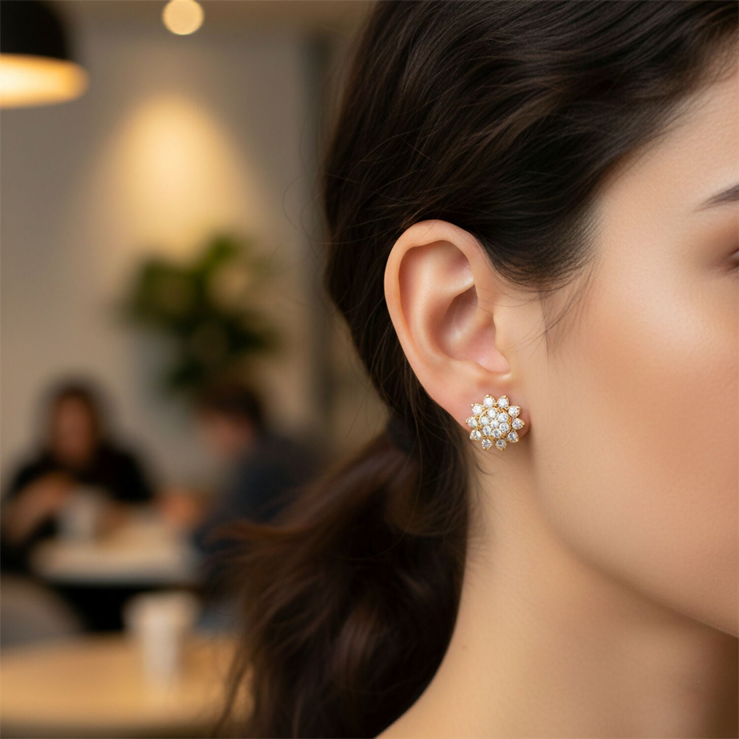 Floral CZ Stud Earrings – Elegant Gold Tone Finish for Women