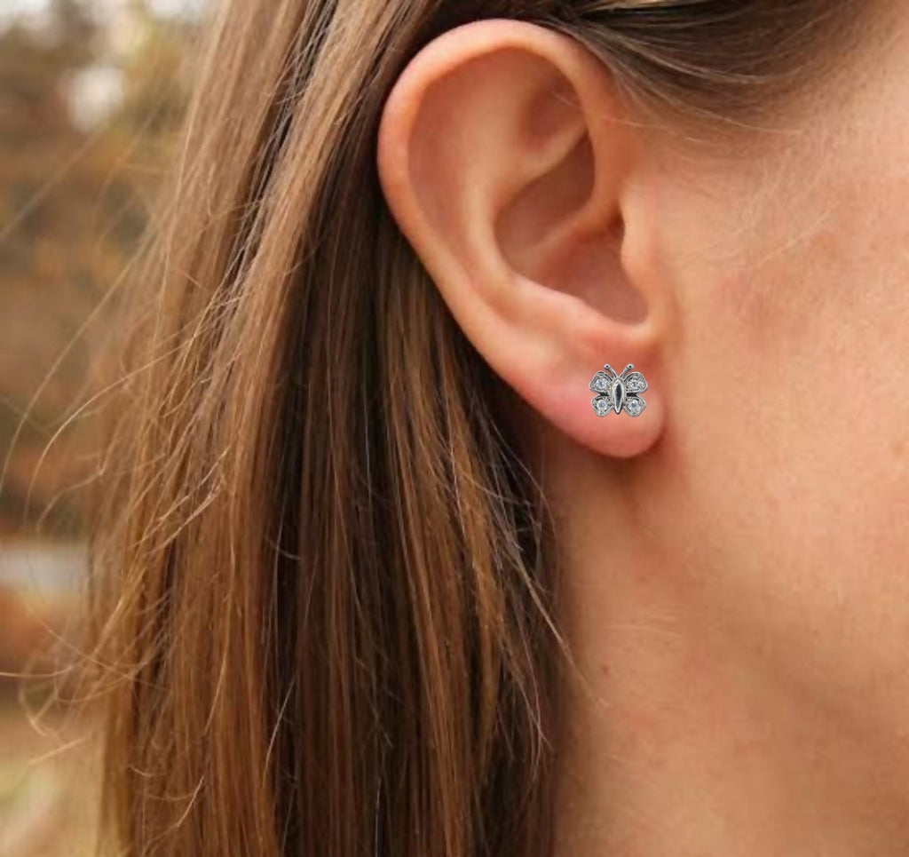 Diamond Butterfly Stud Earrings – Elegant Sterling Silver Jewelry