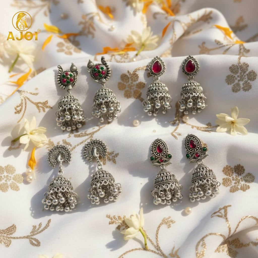 Oxidised Silver Jhumka Earrings Set – 4 Pairs with Intricate Stone Detailing