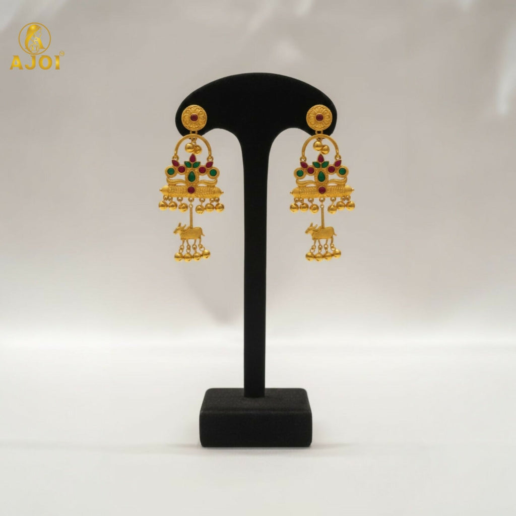 Antique Gold-Plated Tribal Drop Earrings With Red Green Stones