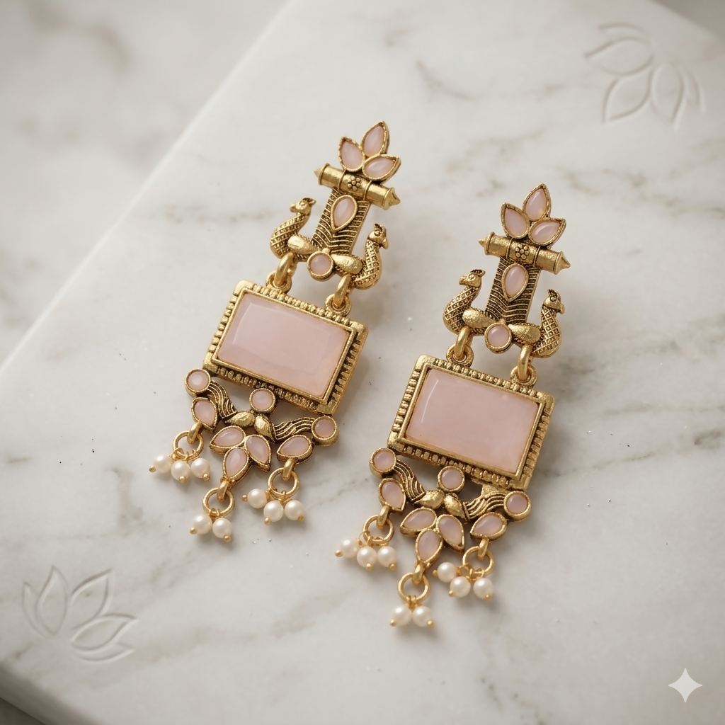 Oxidised Chandbali Earrings – Pink Stone Peacock Design for Women