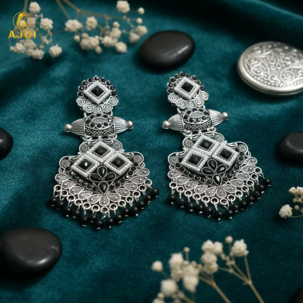 Oxidized Silver Chandbali Earrings – Elegant Black Stone Design