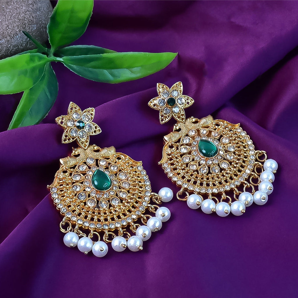 Peacock Design American Diamond Pearl Earrings – Elegant Dangle Pair