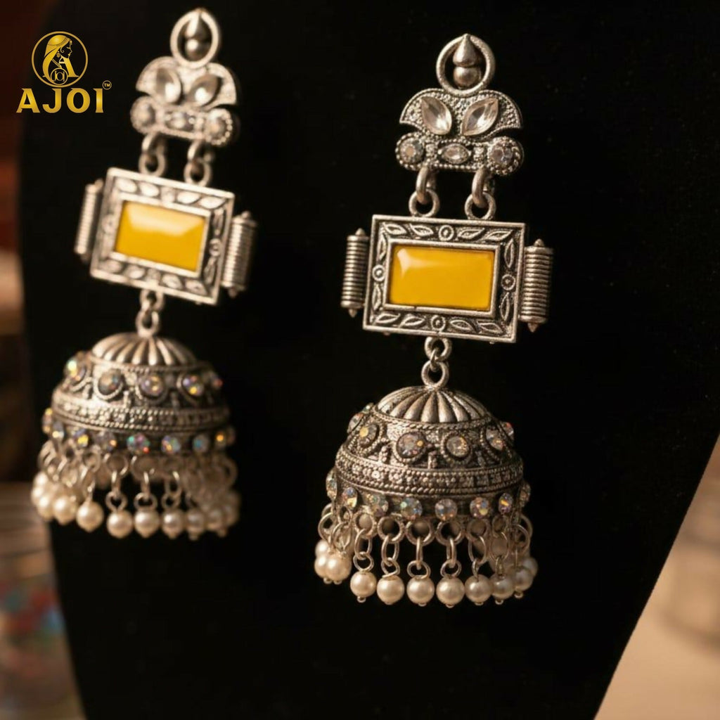 Oxidized Silver Jhumka Earrings – Traditional Yellow Stone & Pearls