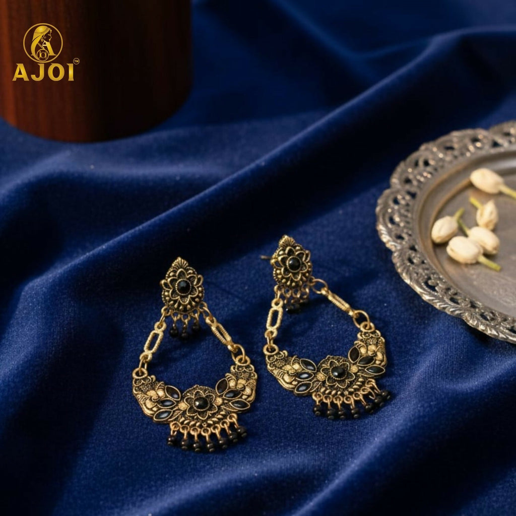 Chandbali Earrings – Antique Gold-Plated Floral with Black Stones