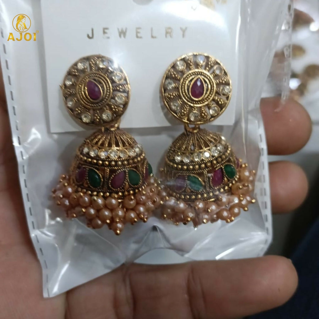 Antique Gold Pearl Drop Jhumka Earrings – Elegant Green & Pink Stones
