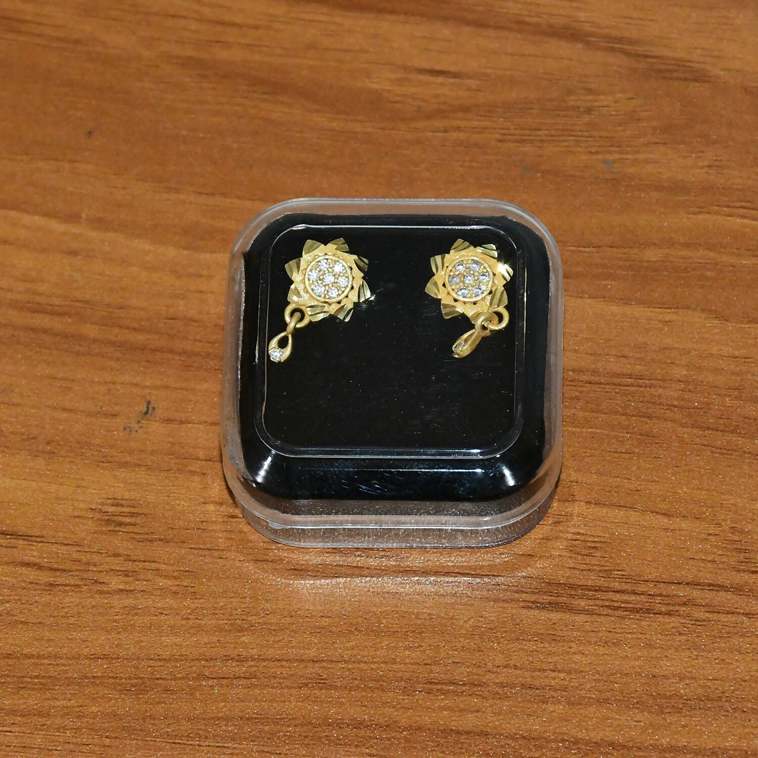 Gold Finish Drop Earrings – Floral Design with Sparkling Stones