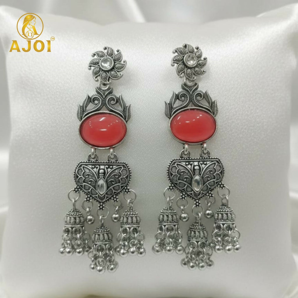 Oxidized Silver Jhumka Earrings – Red Stone & Ornate Filigree