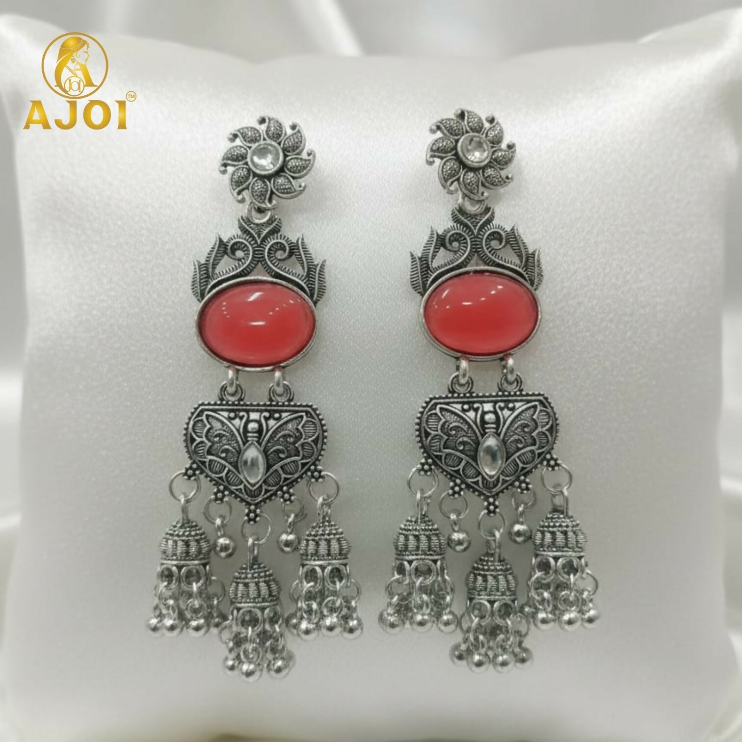 Oxidized Silver Jhumka Earrings – Red Stone & Ornate Filigree