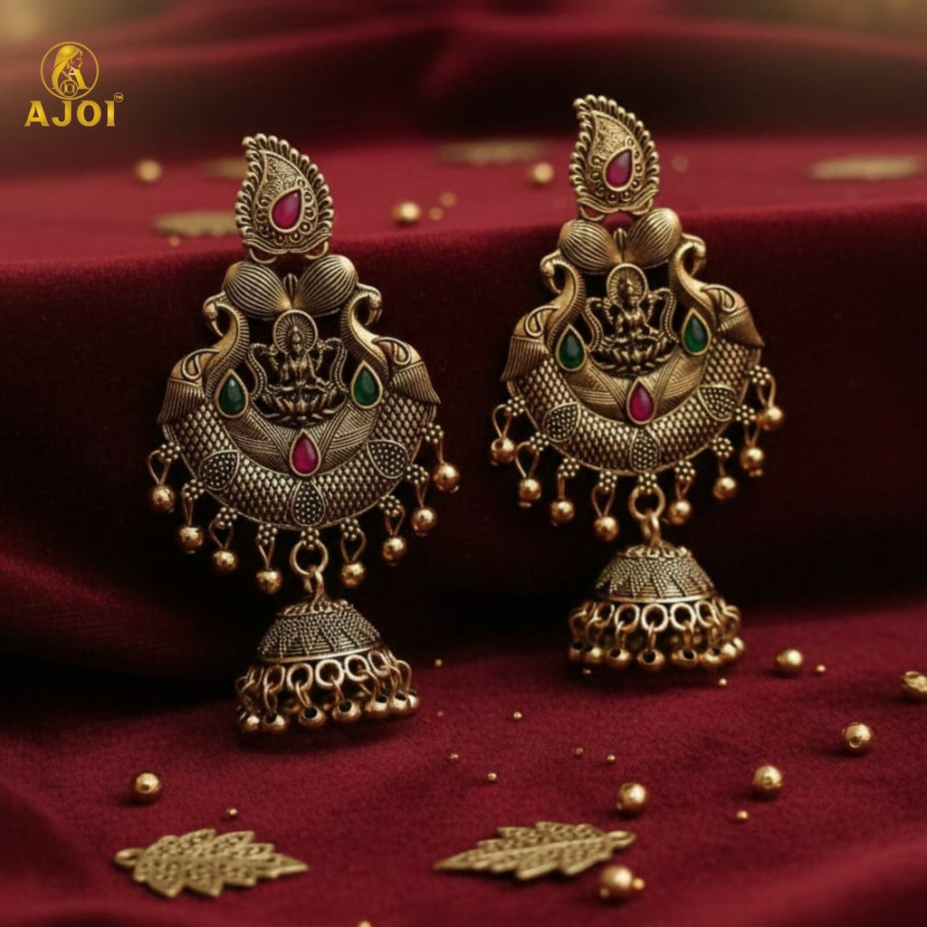 Temple Jhumka Earrings – Antique Gold Plated with Lakshmi Motif
