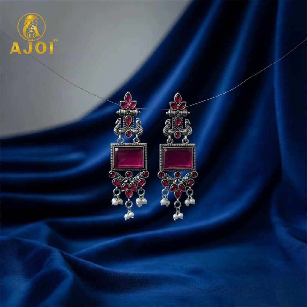 Antique Silver Earrings with Pink Square Beads and Pearl Danglers