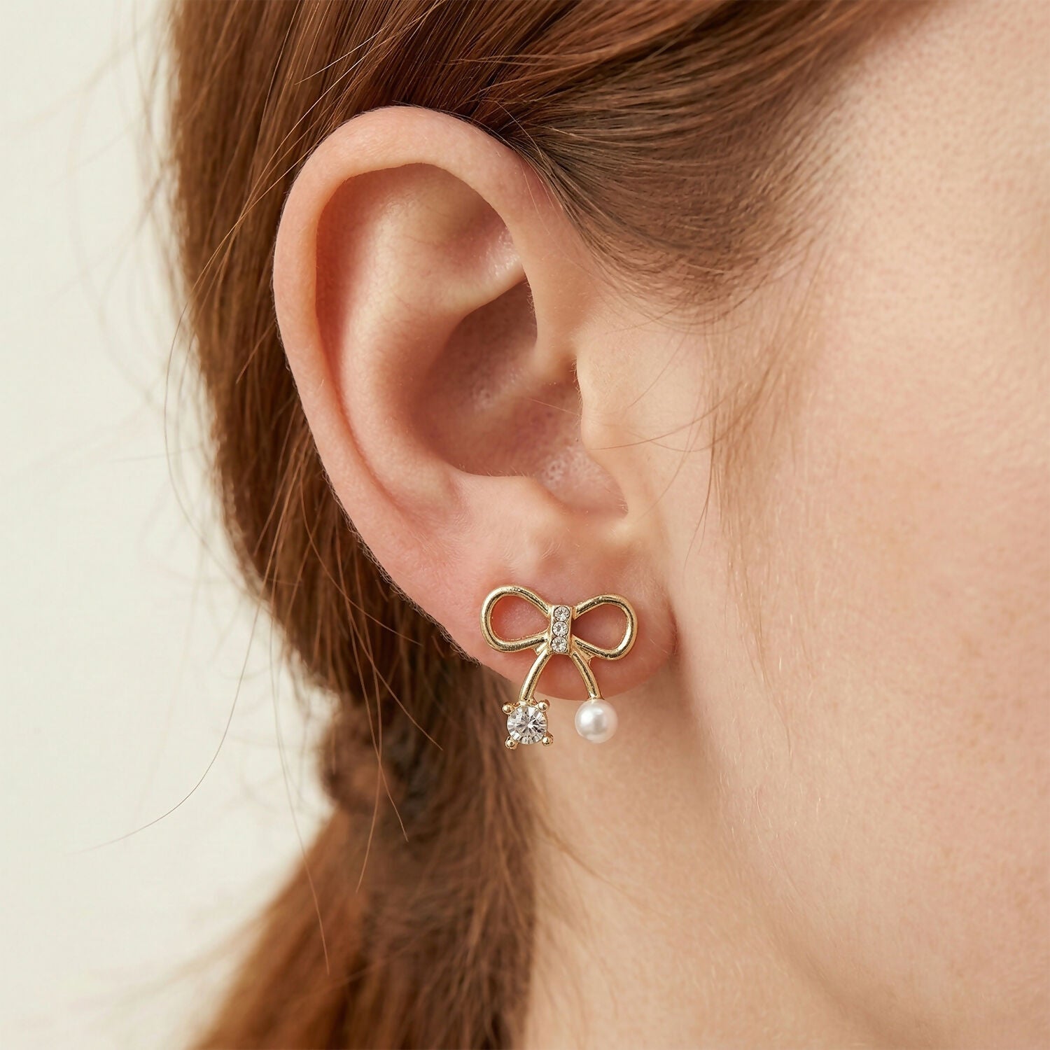 Bow-Knot Crystal Pearl Stud Earrings – Korean Minimalist Style