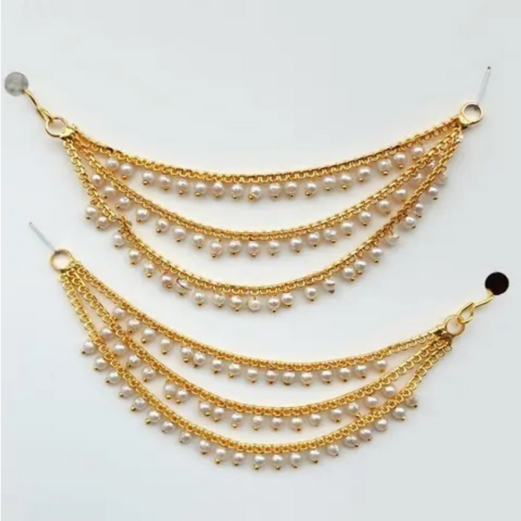 Gold Plated Ruby Emerald Stone Ear Chain – Traditional 3 Layer Drop Jewellery