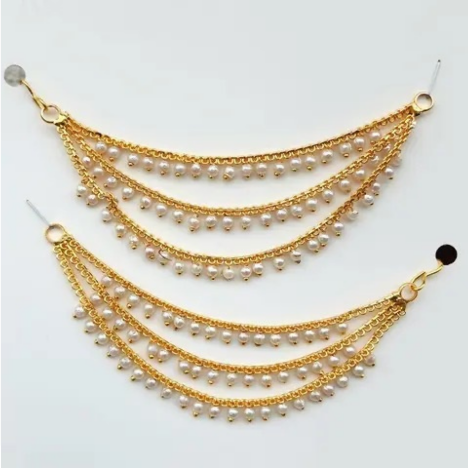 Gold Plated Ruby Emerald Stone Ear Chain – Traditional 3 Layer Drop Jewellery