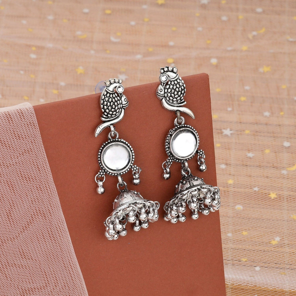 Peacock Jhumka Earrings – Oxidised Silver with Parrot Motif