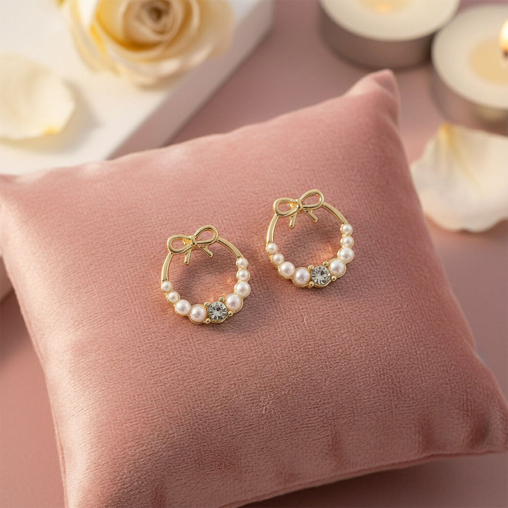 Bow Pearl Hoop Earrings – Gold Plated Korean Style Jewelry