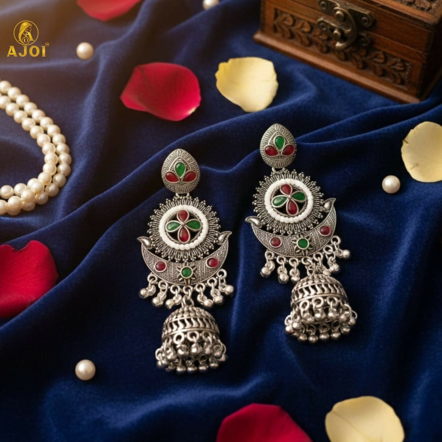 Oxidized Silver Jhumka Earrings – Multicolor Ethnic Elegance