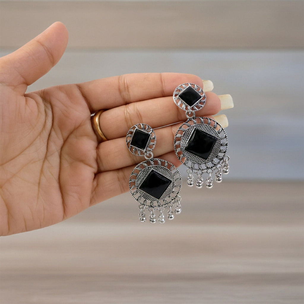 Oxidized Silver Earrings – Vintage Charm Black Stone Design