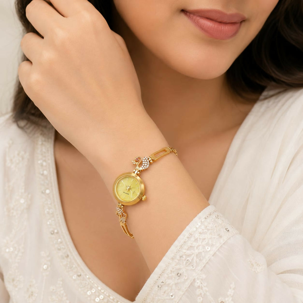 Royal Gold & Ruby Accent Peacock Bracelet Watch for Women – Traditional Partywear