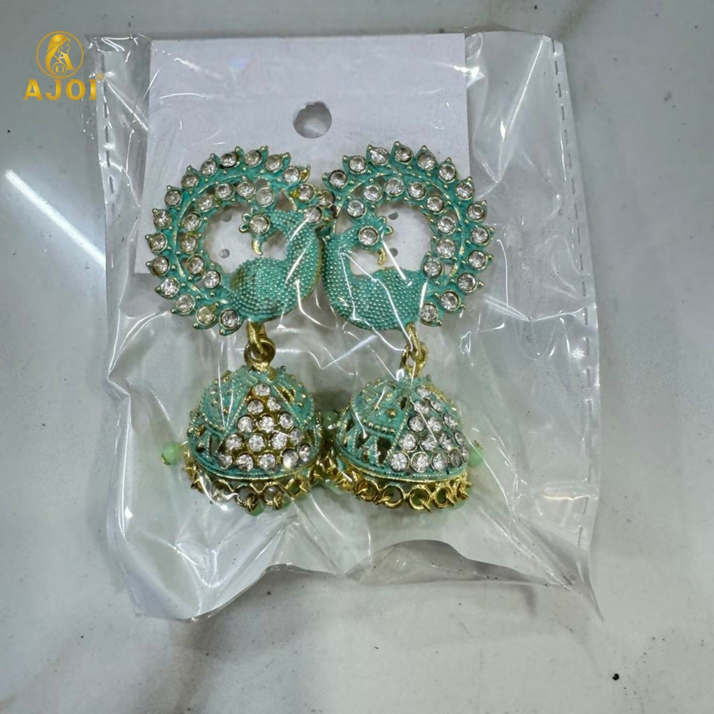 Peacock Stone Jhumka Earrings – Elegant Mint Green Festive Jewelry