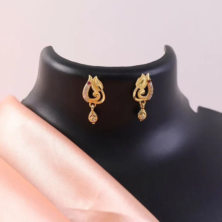 Gold Leaf Style Stud Earrings with Crystal Detailing and Drop Charm
