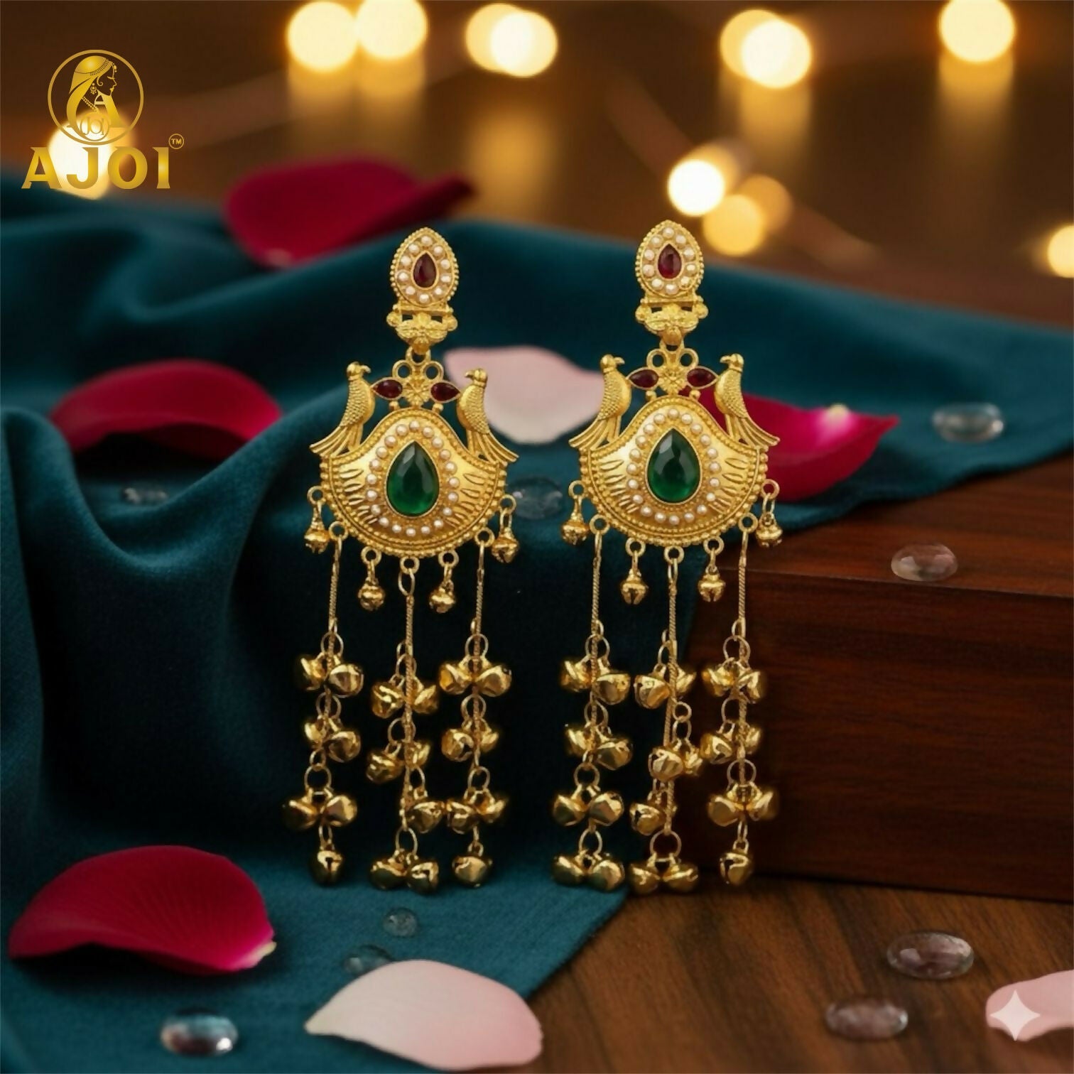 Kashmiri Gold-Plated Jhumka Earrings – Elegant Green Stone & Ghungroo